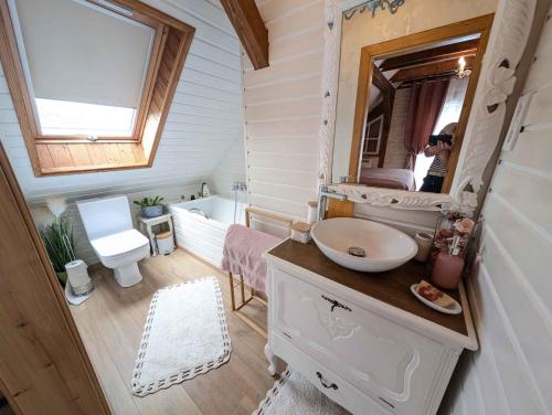 una donna che scatta una foto del bagno in una piccola casa di Holiday home in Balatonendred 44893 a Balatonendréd