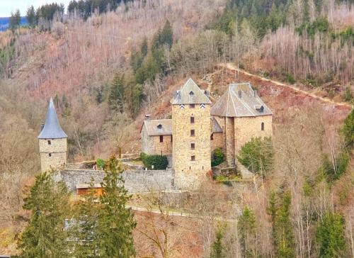 an old castle with two towers on a hill at Gîte Au Val de Belvâ in Malmedy