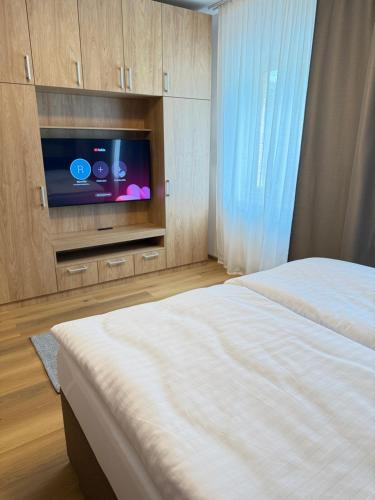 a bedroom with a bed and a flat screen tv at Riverside Apartment Praha in Prague