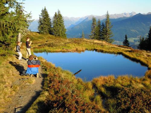 two people standing on a hill next to a pond at Pension Sonnhof in Radstadt