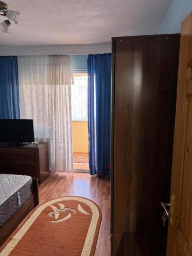 a room with a bedroom with a door and a rug at Apartament in Drobeta-Turnu Severin