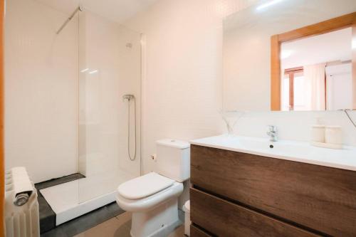a bathroom with a toilet and a sink and a shower at Casa Augusta Renovada Centro Histórico 5 Pax in Zaragoza