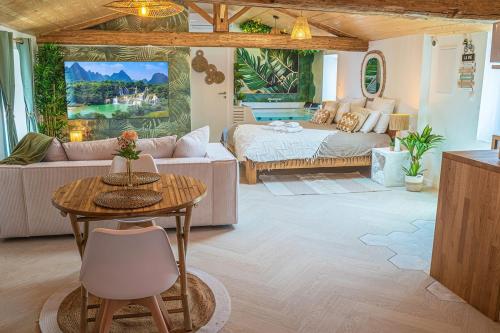 ein Wohnzimmer mit Couch und Tisch in der Unterkunft Loft & Spa Scandinave Romantique, King Size, TV 65 in Narbonne