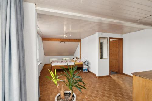 a room with a bed and a potted plant at VK - H - Zürich Airport - Luxury - Homestay - Haldenstrasse - Kloten in Kloten