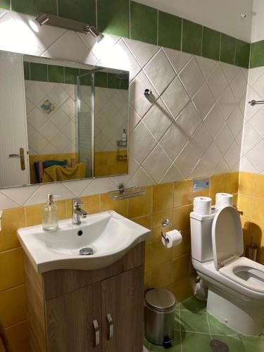 a bathroom with a sink and a toilet and a mirror at Tinos dream sea ,150m from the beach in Agios Sostis
