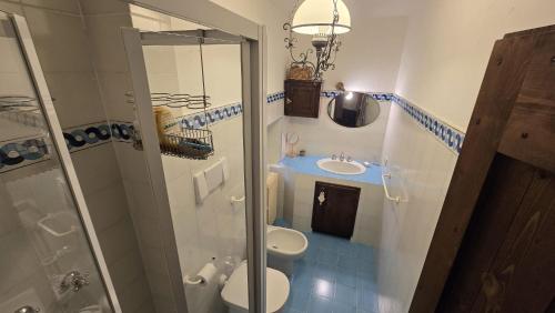 Un baño con inodoro, lavabo y ducha. en Le Mille Querce, en Sasso Feltrio