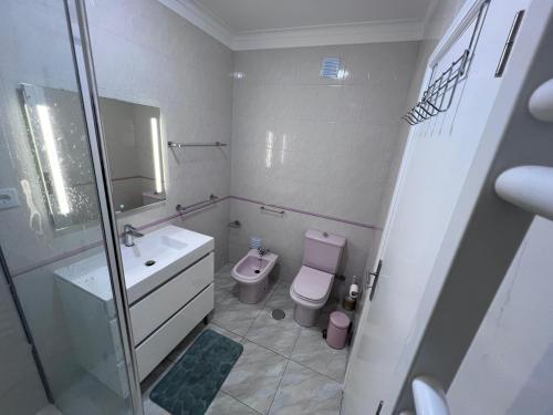 a bathroom with a toilet and a sink and a shower at Suíte-Refúgio á Beira-Mar Apartamento Partilhado in Viana do Castelo