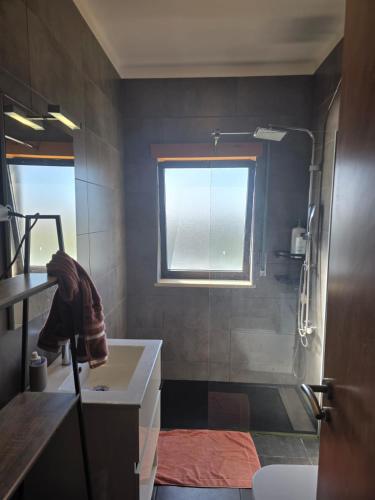 a bathroom with a sink and a shower with a window at MM Apartamento com Quarto privado Com árias in Coimbra