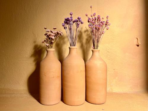 three vases with flowers in them on a wall at Terre Saracene Suites in Bitonto