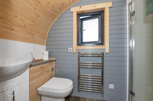 a bathroom with a toilet and a sink and a window at Cosy Camping Suffolk in Ipswich