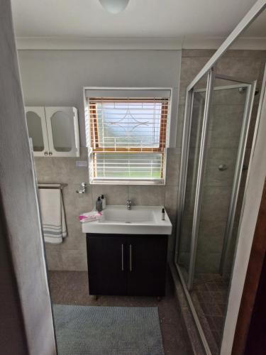 a bathroom with a sink and a shower at Mountain Rose Cottage in Bellville