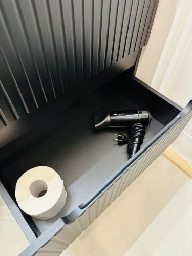 a bathroom with a toilet on a shelf at NEW Cozy design studio near the river in Salacgrīva