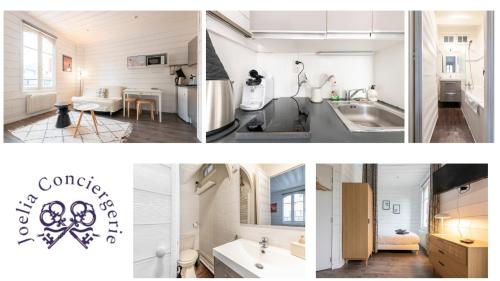a collage of photos of a kitchen and a bathroom at Joli studio plein centre proche plage avec Wi-fi in Le Touquet-Paris-Plage