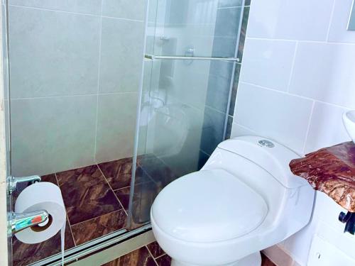 a bathroom with a toilet and a glass shower at Hotel Salento Mirador in Salento