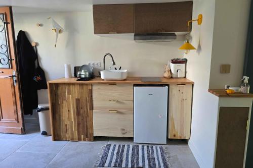 - une cuisine avec un plan de travail, un évier et un lave-vaisselle dans l'établissement Charming studio near Nîmes center train station, à Nîmes
