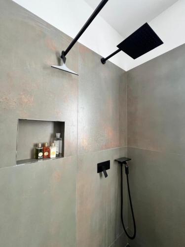 a bathroom with a shower with a ceiling fan at Villa Giulia in Sulzano