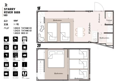 a floor plan of a small house with diagrams at 星宿川-竹の宿103 in Osaka