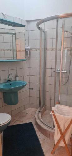 une salle de bain avec douche et lavabo dans l'établissement Maison de vacances, à Varennes-sur-Loire