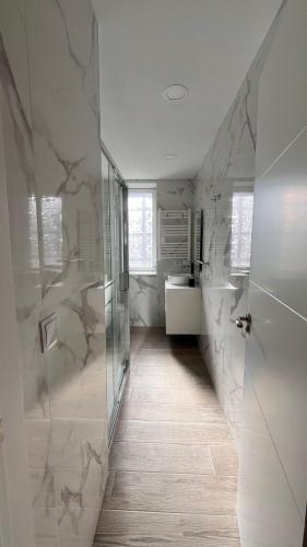 a bathroom with a walk in shower and a sink at vivienda turística Irún in Irún