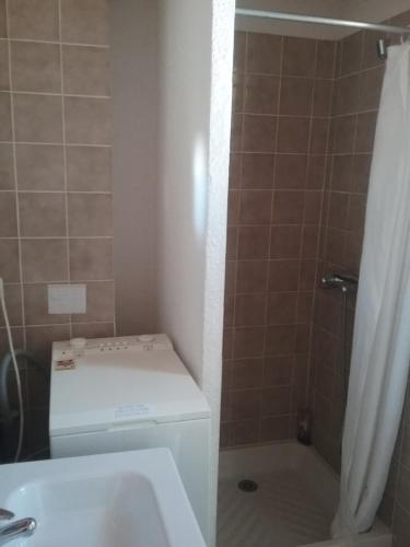 une salle de bain avec toilettes, lavabo et douche dans l'établissement Appt vue imprenable sur la mer, à Gruissan