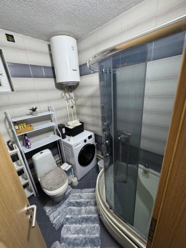 a small bathroom with a shower and a toilet at Apartmani Kostić Gračanica-Kosovo in Gracanica