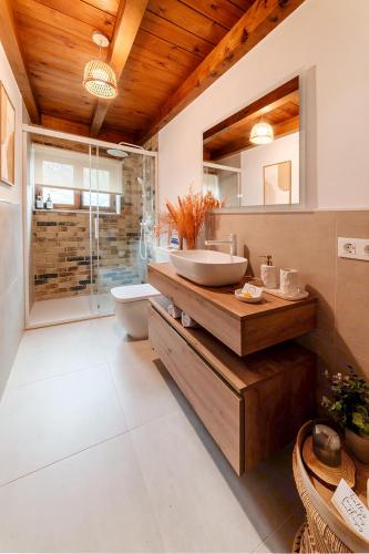 a bathroom with a sink and a toilet and a mirror at La Olivia 53 Boutique con zona Chill Out A 5 min de Cangas de Onís in Cangas de Onís