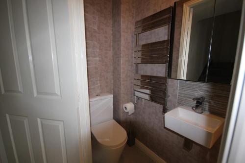 a bathroom with a toilet and a sink and a mirror at Canalside Beautiful Stone Townhouse in Stone
