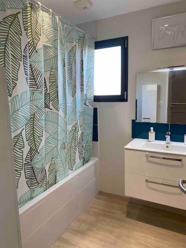 une salle de bain avec une douche, un lavabo et un miroir dans l'établissement Villa VIE House in Grau d'Agde, au Grau-dʼAgde