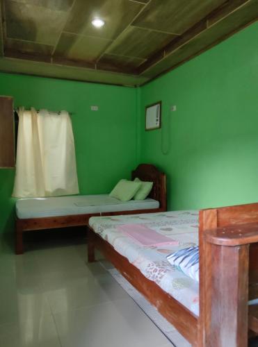 a bedroom with a bed and a green wall at SHENAMAE Pension&Apartel in San Vicente