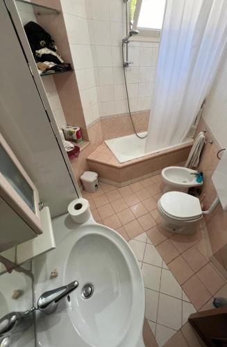 a bathroom with a sink and a toilet and a shower at La Casetta in Tuglie