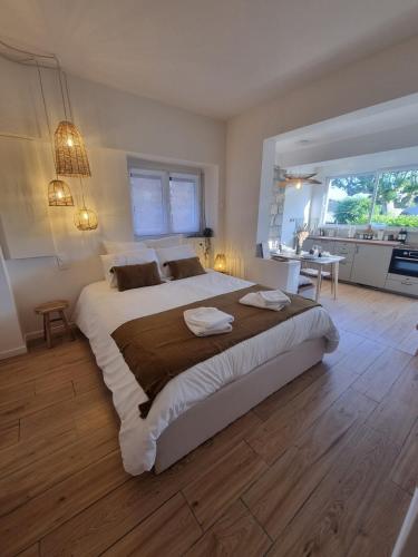 a large bedroom with a large bed and a table at Le refuge de Noa - Les apparts de Maddy in Meyssac