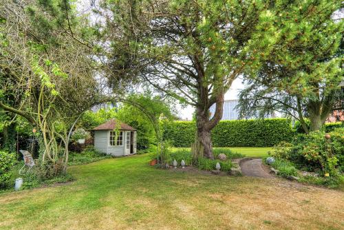 a yard with a tree and a small shed at Göckes Haus Und Garten Lavendelbeet in Wettringen