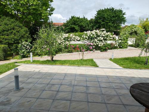 a garden with white flowers and a sidewalk at Villa Torricelli Scarperia - Il Giardinetto Residence in Scarperia