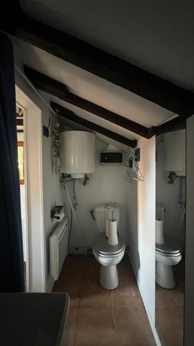 - une salle de bains avec 2 toilettes dans une chambre dans l'établissement Le Cabanon entouré de Pins, à Lacanau