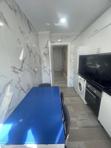 a conference room with a blue table and a tv at vivienda turística Irún in Irún