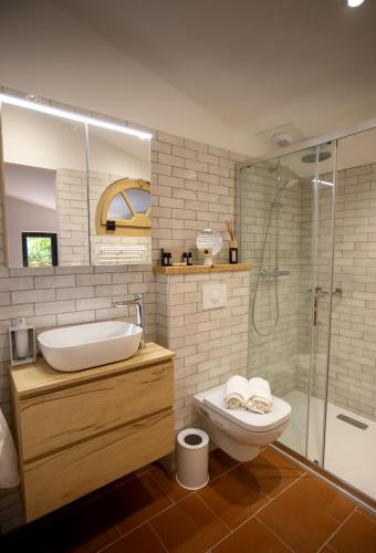 une salle de bain avec toilettes, lavabo et douche dans l'établissement Villa Les Granges Classé 5 Étoiles, à Antisanti