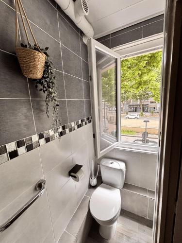 une salle de bain avec toilettes, lavabo et fenêtre dans l'établissement HÔTEL ORION, à Rouen