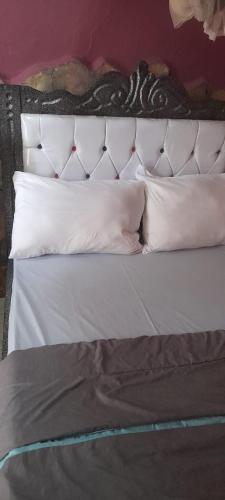 a bed with white pillows and a white head board at Miji Lake Victoria View Room in Jinja