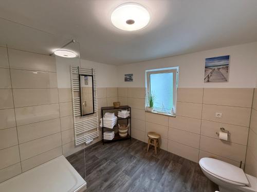 a bathroom with a toilet and a tub and a sink at Vetera Sayn - Historisch wohnen, modern genießen auf 2 Etagen in Bendorf