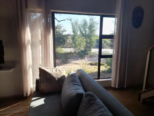 a couch in a living room with a large window at Bushriver Lodge in Mica