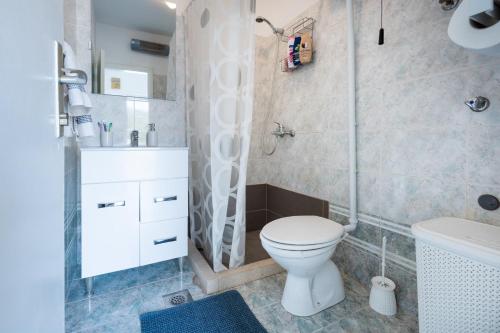 a bathroom with a toilet and a shower at Holiday Home Casa Blu near the Beach in Neum