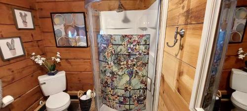 a bathroom with a shower and a toilet in a room at The Outdoor Oasis You Get 685 Attraction Tickets per paid day in Kodak