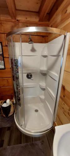 a shower with white shelves in a bathroom at The Outdoor Oasis You Get 685 Attraction Tickets per paid day in Kodak