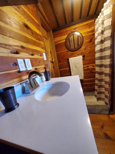 a bathroom with a sink in a log cabin at The Outdoor Oasis You Get 685 Attraction Tickets per paid day in Kodak