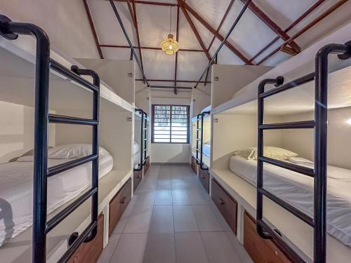 a hallway with bunk beds in a dorm room at Huku Beach Hostel in Palomino