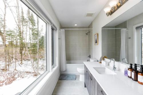 Lake of BaysShooting Star Lodge BBQ Firepit SPA Relax的带水槽和大窗户的浴室