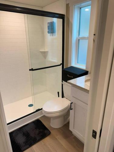 a bathroom with a toilet and a glass shower at Mount Crumpit 645 - A Different Kind of Getaway in Blairsville