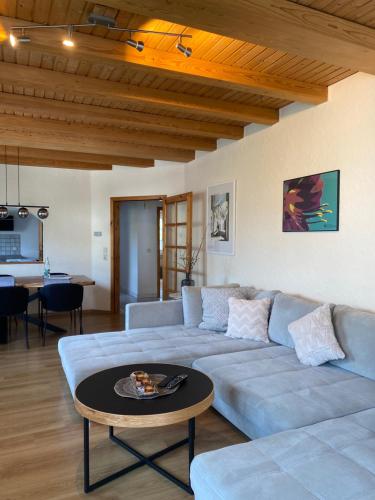 un salon avec un canapé et une table dans l'établissement FeWo Sonnenlay - Apartments an der Mosel, à Brauneberg