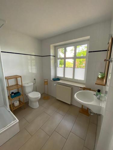 a bathroom with a toilet and a sink and a window at Haffquartier - "Zur Alten Bäckerei" in Mönkebude