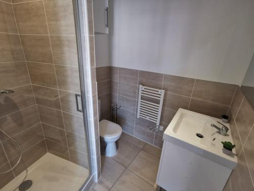 une salle de bain avec une douche, des toilettes et un lavabo dans l'établissement Augusta Résidence du Port - Magnifique - à 50 m du vieux Port et des animations, à La Ciotat